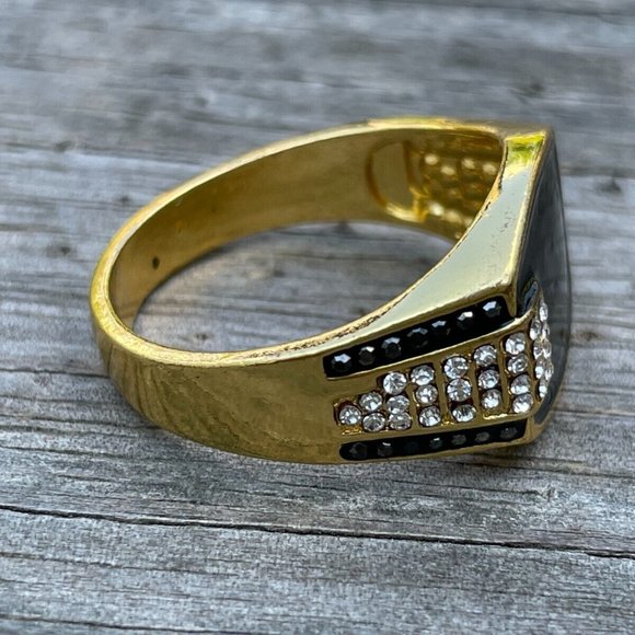 Men Ring Fashion Gold Tone Black Faux Stone Crystal Accent Men Jewelry Size 13 - Picture 7 of 11